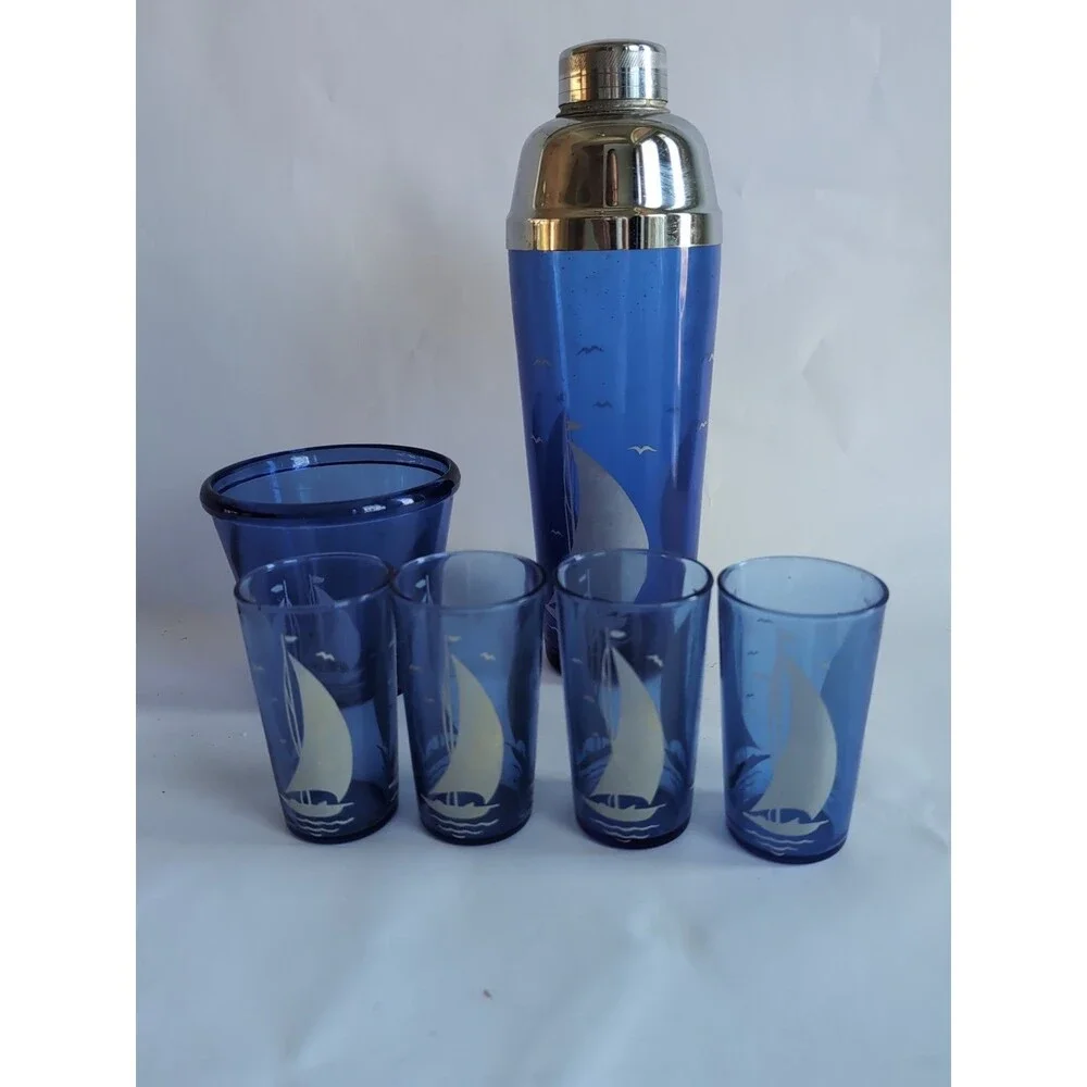 Hazel Atlas Cocktail Shaker Set Ice Bucket Glasses Cobalt Blue Sail Boat MCM Vtg